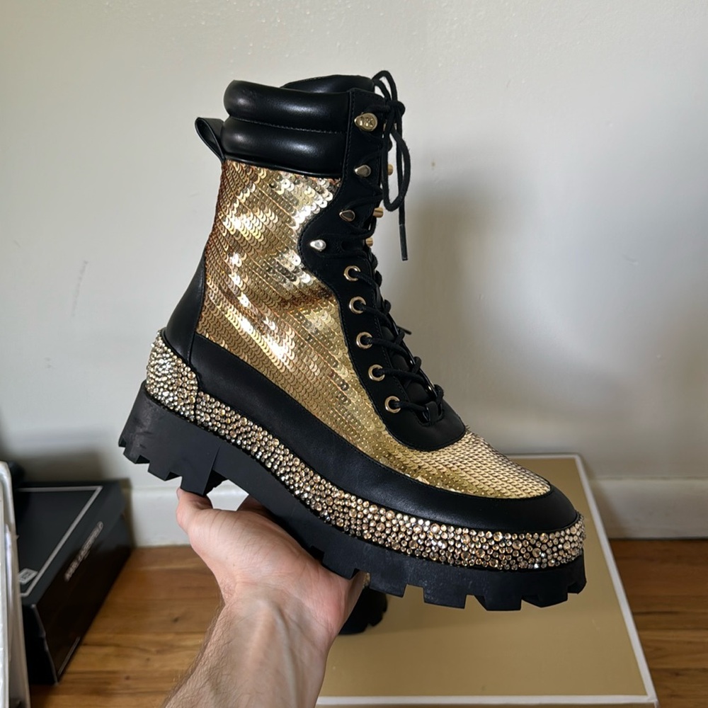 Michael Kors Rowan Boots Gold Sequin with Custom Rhinestone Detail, Size 10